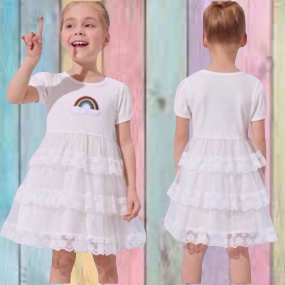 White Sequins Rainbow Ruffle Sparkle A Line Dress New